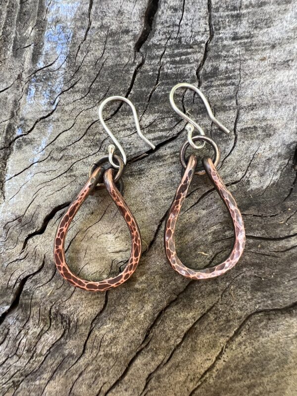 Hammered copper teardrop with ring earrings