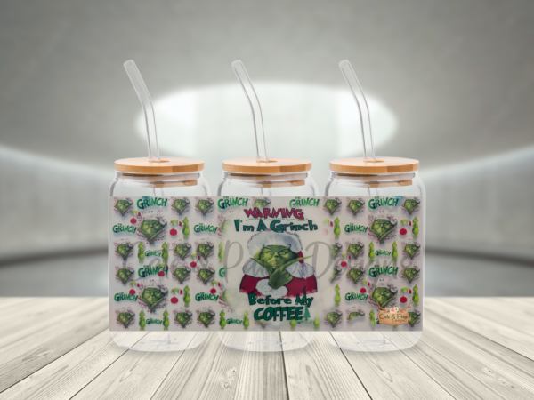 16oz Glass Cup - Warning Grinch, clear