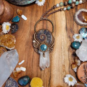 Ammonite, Turquoise and Clear Crystal Quartz Cluster Pendant