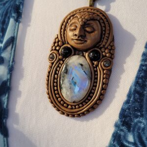 Moonstone and Black Tourmaline Moon Face Pendant