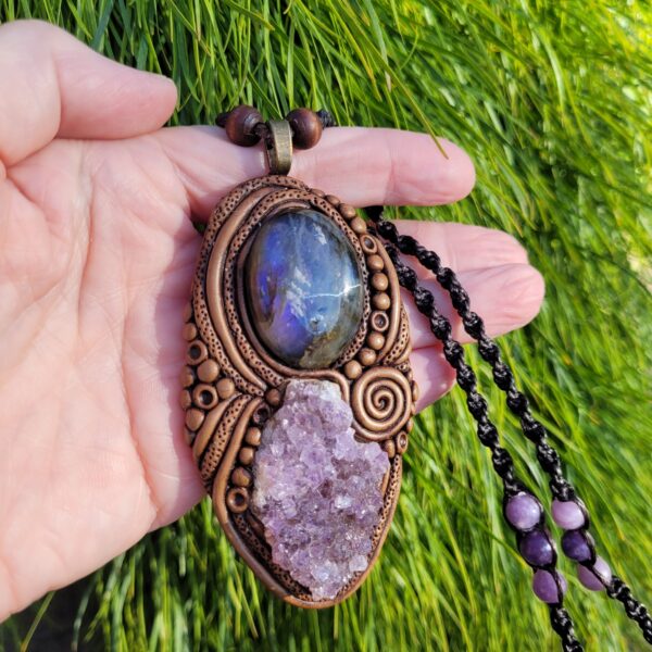 Purple Labradorite and Amethyst Crystal Pendant