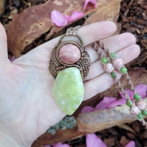Rhodochrosite and Prehnite Crystal Pendant