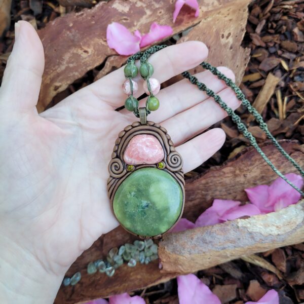 Nephrite Jade and Rhodochrosite Crystal Pendant