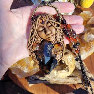 Smoky Quartz, Citrine and Carnelian Goddess Crystal Pendant